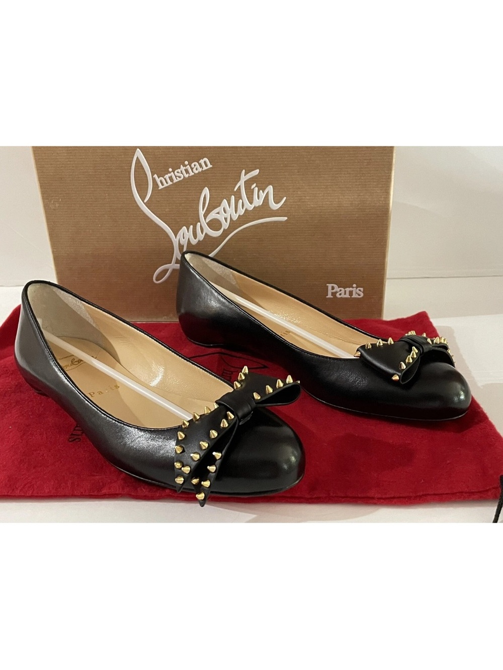 Christian Louboutin Black Leather Bow Flats with Gold Studs